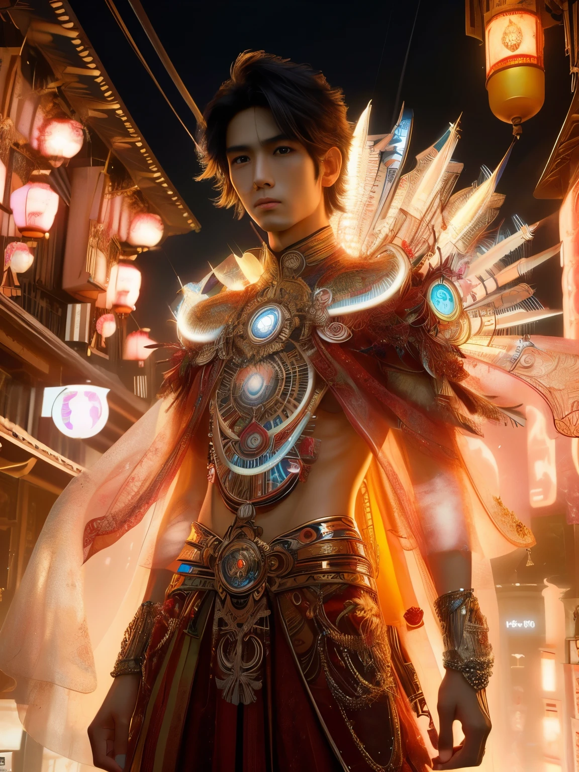 Highly detailed, hyper-realistic portrait of a young Japanese boy, by Hajime Sorayama and Ash Thorp, wearing a stunning, intricately designed fantasy outfit, blending traditional Indian clothing with modern, high-tech elements, set against a vibrant, neon-lit Tokyo cityscape, with subtle hints of Indian architecture, intense, futuristic lighting, Canon EOS 5D Mark IV, ƒ 2.8, 50 mm, 8k, medium-format print, intricate textures, dynamic pose, fusion of Japanese and Indian cultural styles, subtle facial expression.