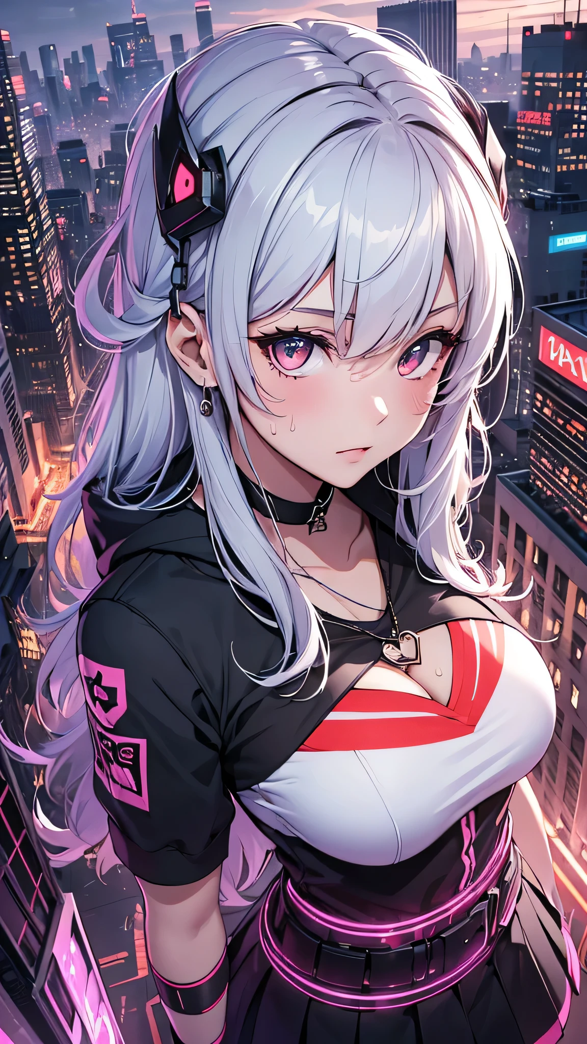最high quality、Best image quality、masterpiece、girl((18-year-old、 By becoming、Best Bust、Medium Bust,Wide open breast tea、Red glowing eyes,Silver Hair、Disheveled Hair、Long Hair、thin,The highest valley、Open chest、Luminous Wristbands、hat、hair ornaments、luminous necklace、Black sleeveless hoodie(1:2)、Blue short skirt、Angle from directly above、Disheveled clothing、Show the whole body,Low - Angle、Hacker-like、sweating、lure、Black cute mask、Leaning against a wall)),high quality、Beautiful art、background((Neon Town、Neon Light、Neon rooftop at night))、Flight、Flying debris、Written boundary depth、movie、Visual Arts、Perfect art、8K,Genuine、
