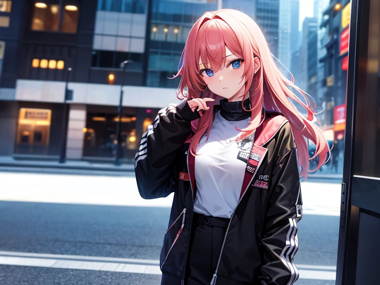 masterpiece, best quality, 1girl, solo, blush, long hair, hair between eyes, ((streetwear clothes)), city, outdoors, night, movie poster, extremely detailed 8K, smooth, high resolution, ultra quality, cinematic lighting, ambient occlusion, hd, 2k, 4k, 8k, 16k, extremely detailed anime, detailed faces, perfect composition, wide shot, atmospheric lighting, very sexy, random angle, uncensored, sin censura