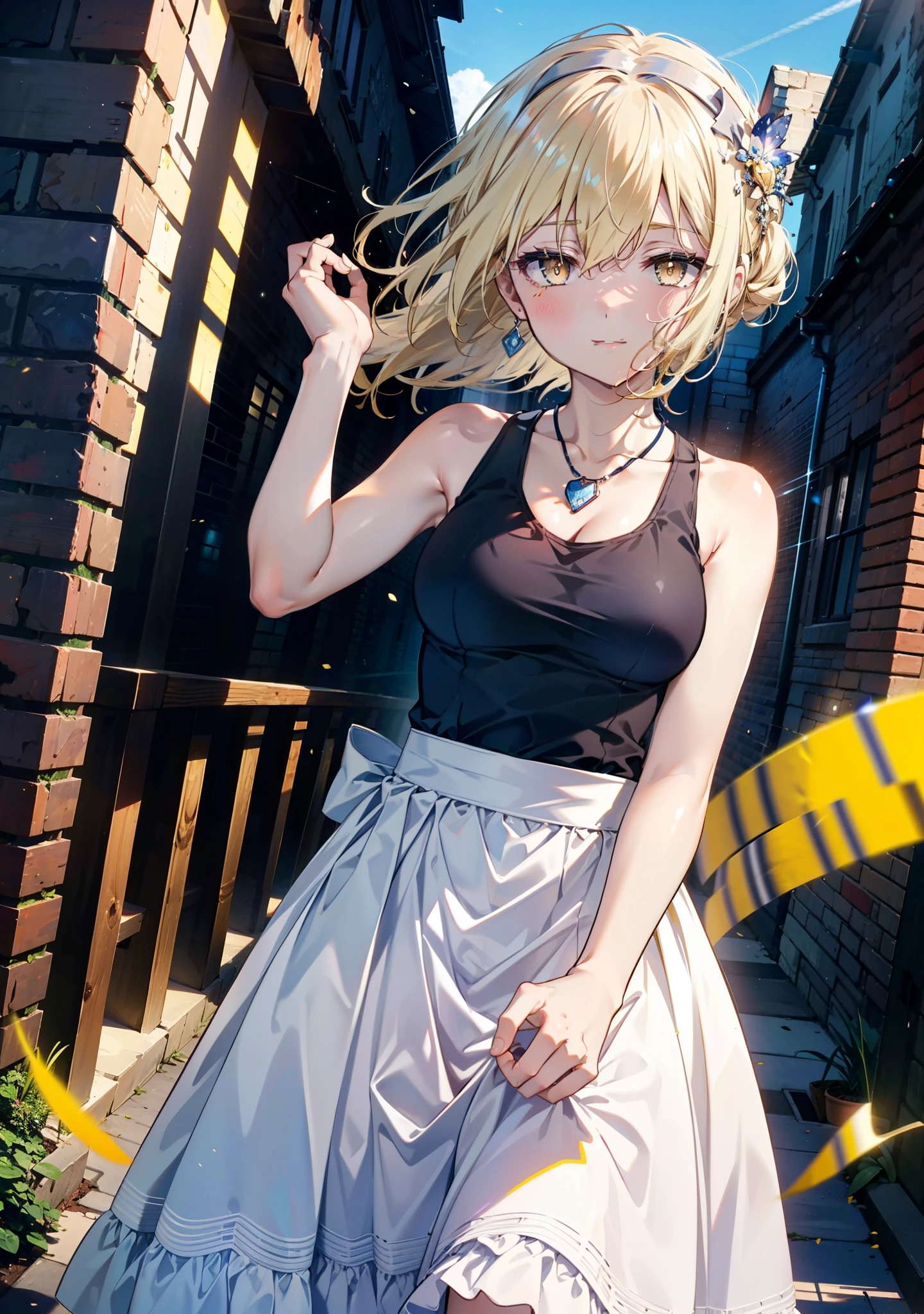 アイスWallenstein, Wallenstein, blonde, Hair between the eyes, hair band, Long Hair, (Yellow Eyes:1.5),happy smile, smile, Close your mouth,smile,blush,Long vest,Tank top shirt,Heart Pendant,Long skirt,Cute Sandals,Clear skies,歩いてるbreak looking at viewer,(Cowboy Shot:1. 5) break outdoors,Building district,In town, break (masterpiece:1.2), highest quality, High resolution, unity 8k wallpaper, (shape:0.8), (Beautiful and beautiful eyes:1.6), Highly detailed face, Perfect lighting, Highly detailed CG, (Perfect hands, Perfect Anatomy),