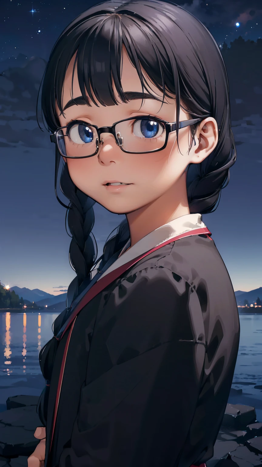 8K quality,(super masterpiece:1.3),highest quality,Detailed Images,1 female,symmetrical beauty,20th Generation,Medium build(Black Hair,Curly Hair,With bangs,Two braids),(Thick eyebrows,Thick eyebrows),(Rimless Glasses,Thin-rimmed glasses,Small glasses),(Blue Eyes,blue eyes),(Fantastic night sky background,Star of the sky,Lake at night,Lake at night畔),(Face directly towards the camera,Looking directly at the viewer,looking at the camera,The body faces the viewer,The body is facing the direction of the camera,Face looking straight into the camera). 