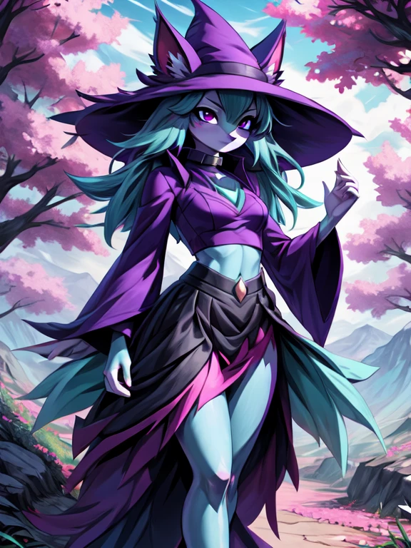 Gehalt, anthro, Allein, weiblich, tall slim body, wears a purple wizard hat, spiky purple cat ears with white tips, lila Augen, purple crop top with collar and long sleeves, black flowing skirt, bare legs, turquoise furry body, white feet paws, schwarze Katzennase, cute cat snout, turquoise hair, Stehen, Grastal, detailed background, hoher Kragen, Jitome, ausdruckslos, von fumiko, von hyattlen, by hioshiru, detailed, High resolution