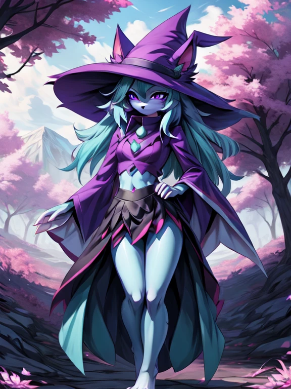 Gehalt, anthro, Allein, weiblich, tall slim body, wears a purple wizard hat, spiky purple cat ears with white tips, lila Augen, purple crop top with collar and long sleeves, black flowing skirt, bare legs, turquoise furry body, white feet paws, schwarze Katzennase, cute cat snout, turquoise hair, Stehen, Grastal, detailed background, hoher Kragen, Jitome, ausdruckslos, von fumiko, von hyattlen, by hioshiru, detailed, High resolution