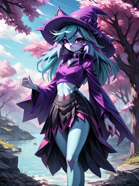 Gehalt, anthro, Allein, weiblich, tall slim body, wears a purple wizard hat, spiky purple cat ears with white tips, lila Augen, purple crop top with collar and long sleeves, black flowing skirt, bare legs, turquoise furry body, white feet paws, schwarze Katzennase, cute cat snout, turquoise hair, Stehen, Grastal, detailed background, hoher Kragen, Jitome, ausdruckslos, von fumiko, von hyattlen, by hioshiru, detailed, High resolution