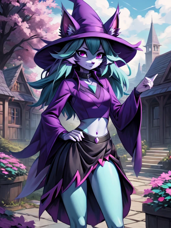 Gehalt, anthro, Allein, weiblich, tall slim body, wears a purple wizard hat, spiky purple cat ears with white tips, lila Augen, purple crop top with collar and long sleeves, black flowing skirt, bare legs, turquoise furry body, white feet paws, schwarze Katzennase, cute cat snout, turquoise hair, Stehen, Grastal, detailed background, hoher Kragen, Jitome, ausdruckslos, von fumiko, von hyattlen, by hioshiru, detailed, High resolution