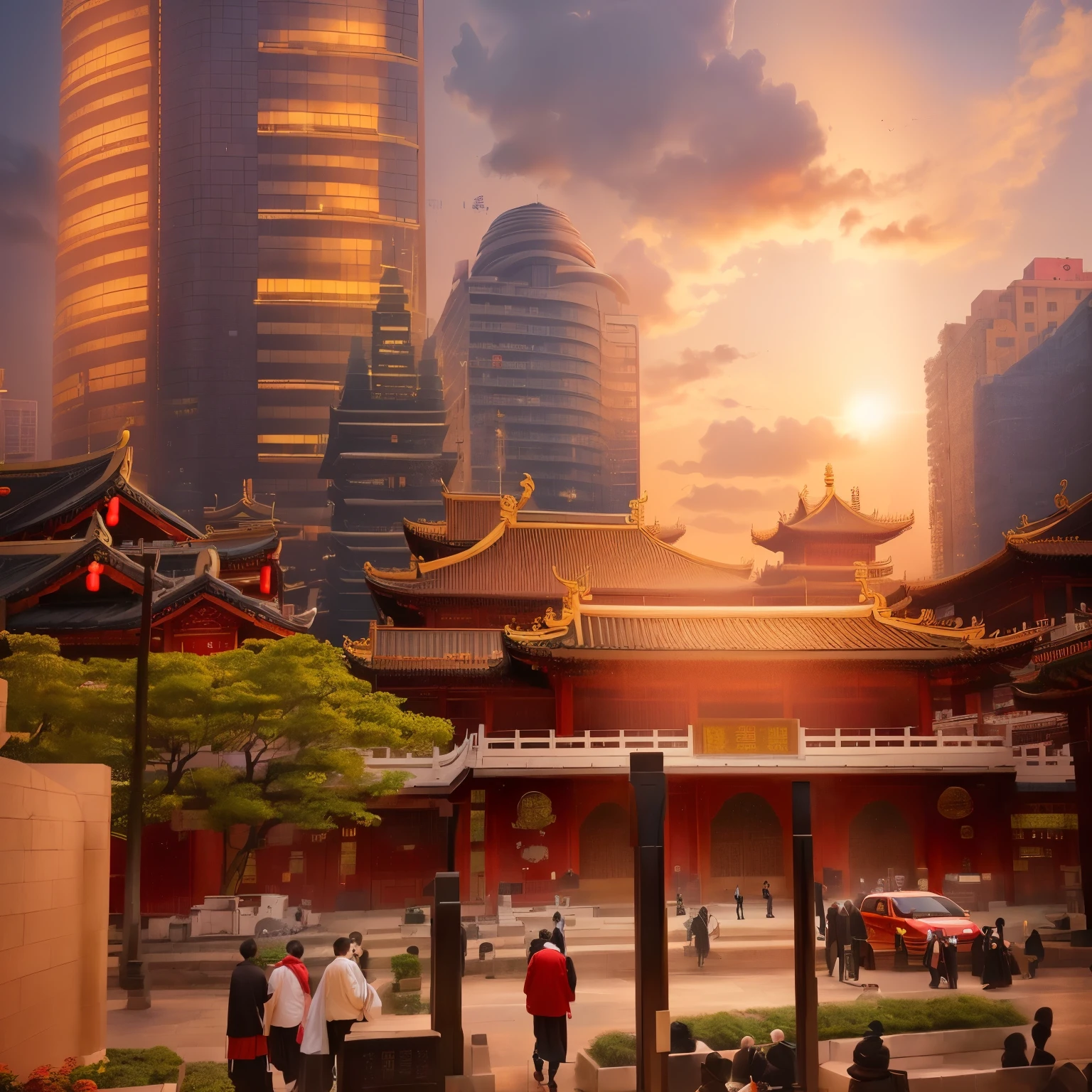 People walking in a city square with tall buildings, Chinese building, Chinese new year in Shanghai, Chinese architecture, Neat and dense buildings, ancient Chinese architecture, Shanghai, Shanghai city, Hou China, Sichuan, Taoist temples and monks, Guangjian, Around the city, Chinese temple, Chinese, Chinese heritage, dreamland of Chinese, with a Chinese temple