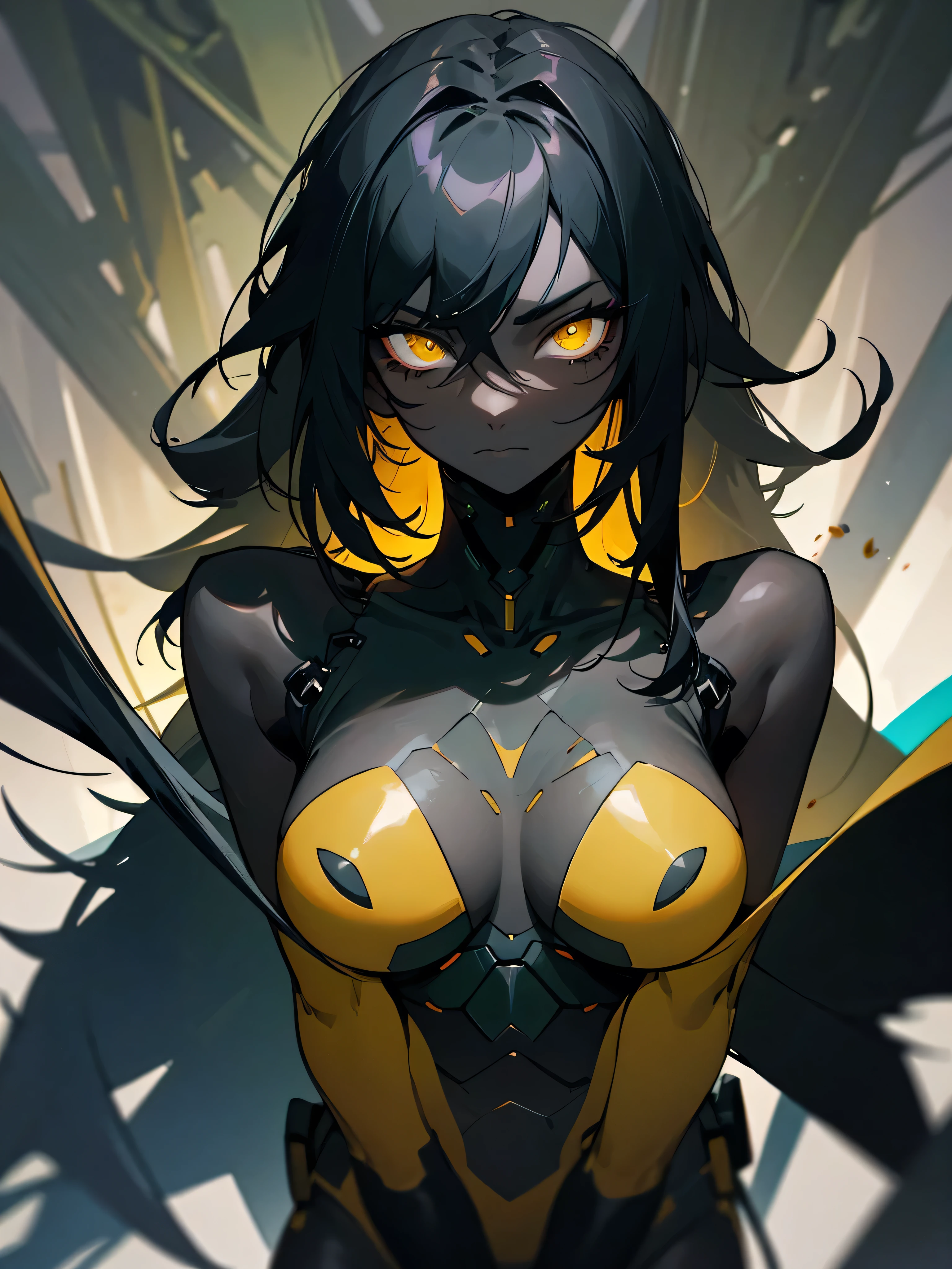 Character sheet list, concept arts, neon, multiple poses and expressions, short stature, knee length portrait, insect girl, dark black skin, black skin, smooth chitinous skin, ((dividing lines on skin)), long black hair, (long messy hair) , yellow eyes, many eyes, articulated body, dark modernistic landscapes in pale green and gray steel lights, highly detailed art, many details
