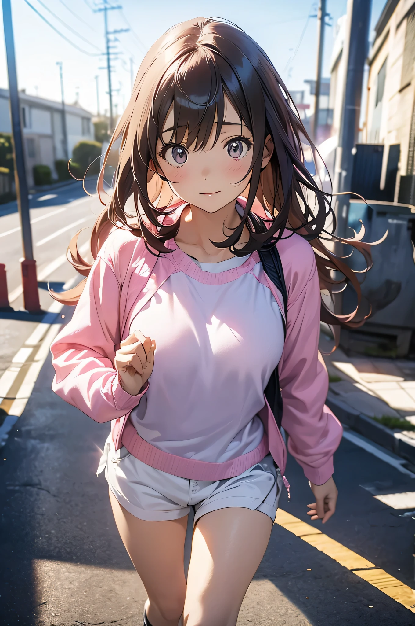 a woman in a pink top and blue jacket is posing, anime best girl, anime moe artstyle, seductive anime girl, asuka suit under clothes!, female protagonist, high quality anime artstyle, attractive anime girl, cute sportswear, kantai collection style, (anime girl), most strongest pose, muscular!!, female anime character, the anime girl is running, in the beach
