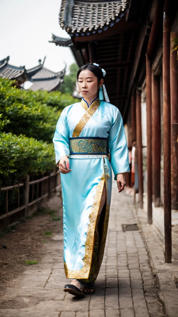 A woman wearing ancient Chinese clothing walking alone