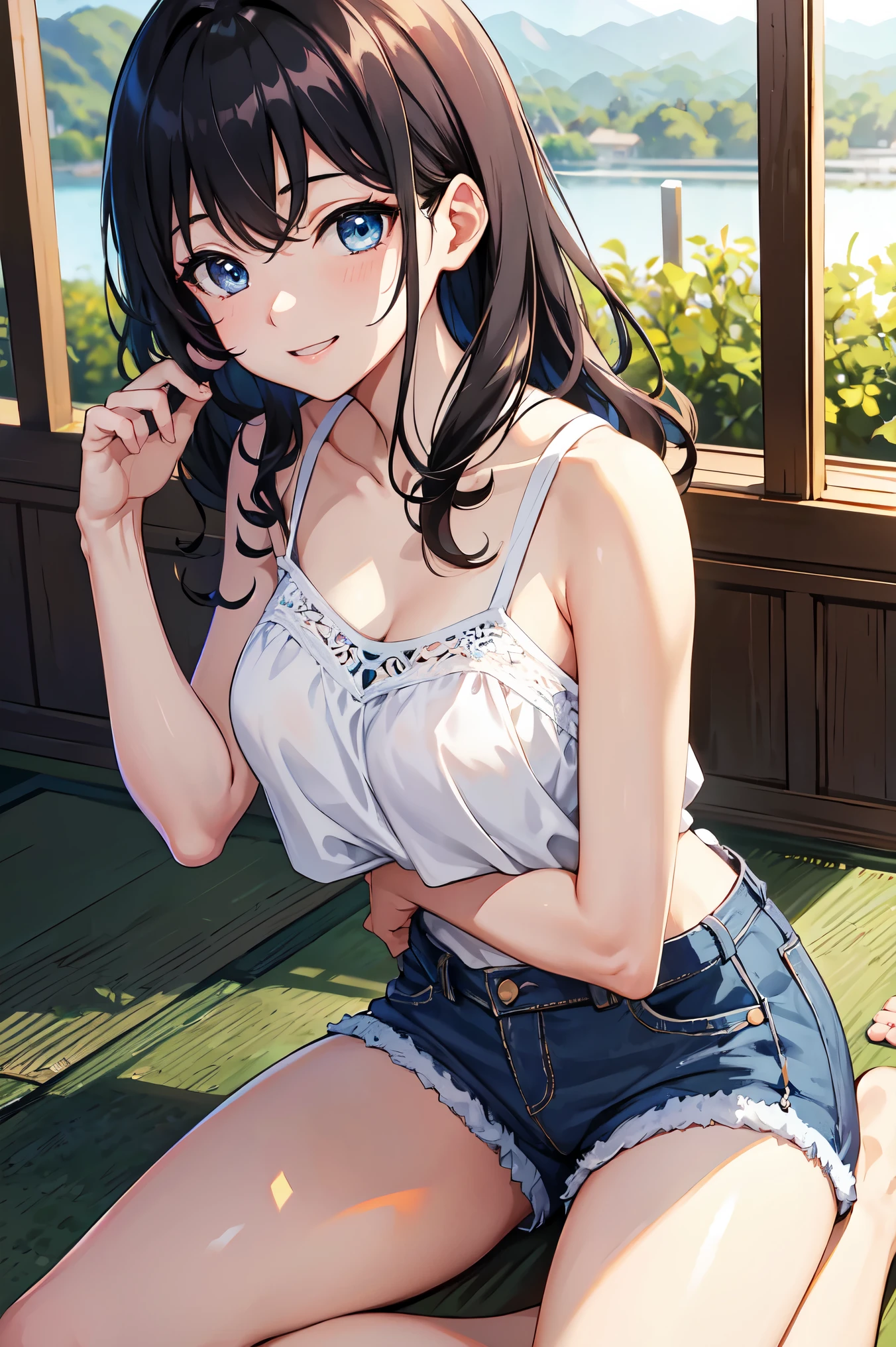 CG, Unity, 8k, wallpaper, highest quality, masterpiece, haruka amami, (smile: 1.2), 1 high school girl、Black Hair、Curly Hair、Blue Eyes、Dense lips、Sit on the veranda, Black camisole BREAK denim shorts, barefoot, Thighs, Sweat, Best lighting, Complex pupil, Complex weaving, Detailed Background, Japanese countryside, 