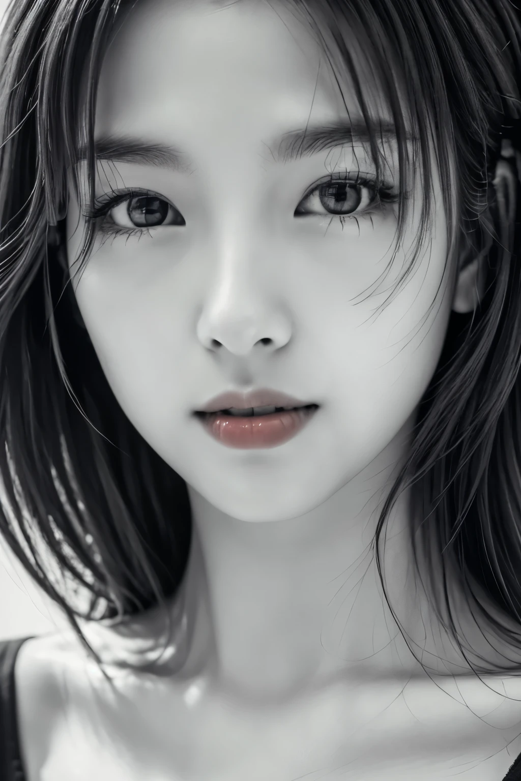 masterpiece, highest quality, Photoreal, Super detailed, High resolution, 8K wallpaper, ((monochrome photography)), 1 girl, Skinny Japanese woman, (((facing the front))), ((Only the lips are in red)), (monochrome photography), brown hair, detailed clavicle, cleavage, perfect face, straight hair, ((look straight at the camera))