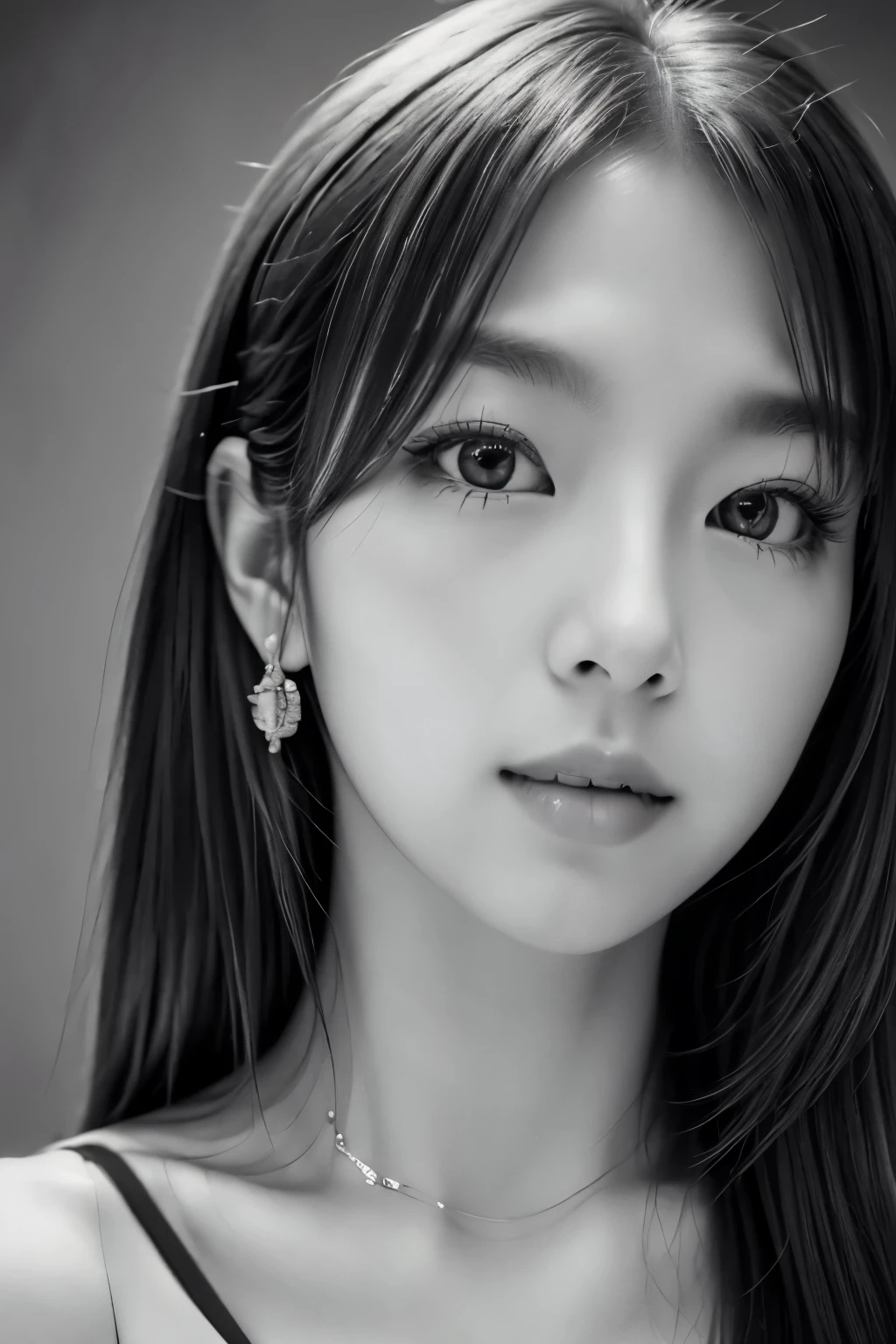 masterpiece, highest quality, Photoreal, Super detailed, High resolution, 8K wallpaper, ((monochrome photography)), 1 girl, Skinny Japanese woman, (((facing the front))), ((Only the lips are in red)), (monochrome photography), brown hair, detailed clavicle, cleavage, perfect face, straight hair, ((look straight at the camera))