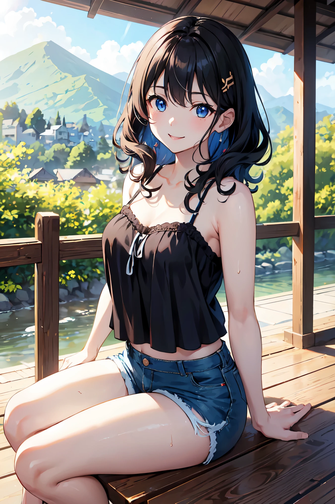 CG, Unity, 8k, wallpaper, highest quality, masterpiece, haruka amami, (smile: 1.2), 1 high school girl、Black Hair、Curly Hair、Blue Eyes、Dense lips、Sit on the veranda, Black camisole BREAK denim shorts, barefoot, Thighs, Sweat, Best lighting, Complex pupil, Complex weaving, Detailed Background, Japanese countryside,
