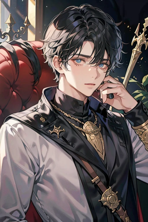1 homem, short black messy hair with bangs, bonito, olhos vermelhos de sangue, olhos detalhados, lindo, corpo alto e magro, Condescendente, arrogante, Realeza, tyrannical ruler, vestindo preto, fantasia medieval, Almas escuras, Trono