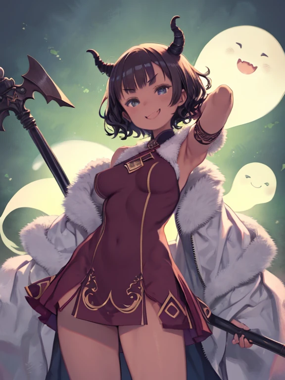 masterpiece、highest quality、High resolution、Very detailed、Girl、Ogre、ghost、Strong body、ghostの手、Brown Skin、V-shaped eyebrows、Short Hair、Curly Hair、It has long horns、Sharp Fangs、teeth、tongue、laughing、Has a huge axe、Wicked Smile、Wearing a one-piece dress、