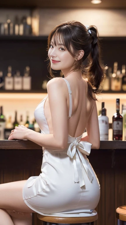 ((masterpiece)), (highest quality), 23 years old,Very detailed, finely, (High resolution), (8k), ((Perfect front viewcomposition)), (Natural color lip),(Side Ponytail:1.3),(((Standing facing forward at the bar))), Look at me and smile))),((Wedding Short Dress)),((From the whole body to the toes:1.3)),((Perfect front view)),((sitting on a bar stool)),((Model pose)),,((Big ribbon on thigh)),((Normal size buttocks)),((Ample breasts)),((Full and firm breasts)),(Look at me and smile),
