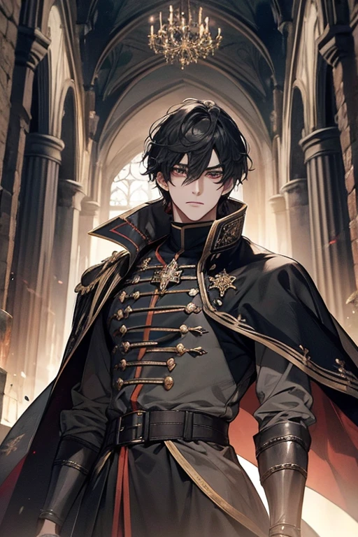 1 homem, short black messy hair with bangs, bonito, olhos vermelhos de sangue, olhos detalhados, lindo, corpo alto e magro, Condescendente, arrogante, Realeza, tyrannical ruler, vestindo preto, fantasia medieval, Almas escuras, Trono