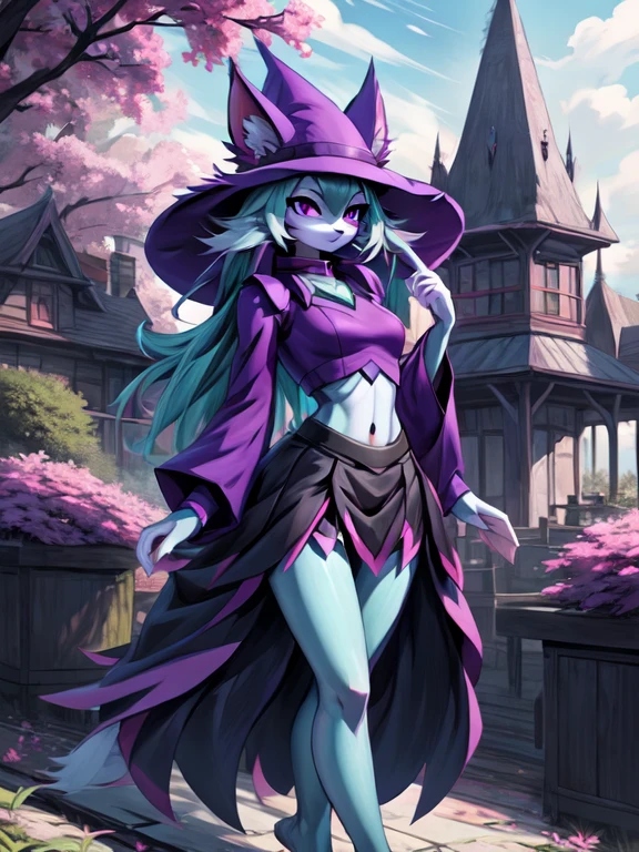 Gehalt, anthro, Allein, weiblich, tall slim body, wears a purple wizard hat, spiky purple cat ears with white tips, lila Augen, purple crop top with collar and long sleeves, black flowing skirt, bare legs, turquoise furry body, white feet paws, schwarze Katzennase, cute cat snout, turquoise hair, Stehen, Grastal, detailed background, hoher Kragen, Jitome, ausdruckslos, von fumiko, von hyattlen, by hioshiru, detailed, High resolution