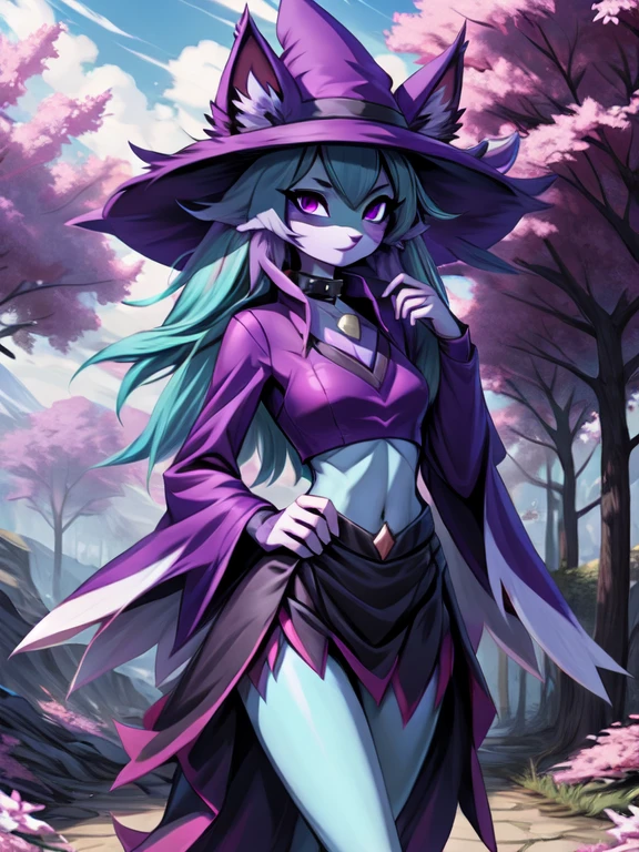 Gehalt, anthro, Allein, weiblich, tall slim body, wears a purple wizard hat, spiky purple cat ears with white tips, lila Augen, purple crop top with collar and long sleeves, black flowing skirt, bare legs, turquoise furry body, white feet paws, schwarze Katzennase, cute cat snout, turquoise hair, Stehen, Grastal, detailed background, hoher Kragen, Jitome, ausdruckslos, von fumiko, von hyattlen, by hioshiru, detailed, High resolution
