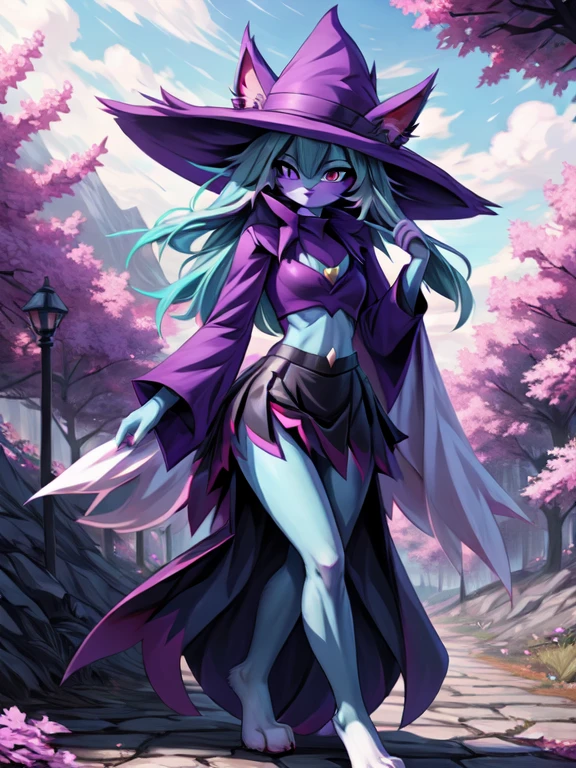 Gehalt, anthro, Allein, weiblich, tall slim body, wears a purple wizard hat, spiky purple cat ears with white tips, lila Augen, purple crop top with collar and long sleeves, black flowing skirt, bare legs, turquoise furry body, white feet paws, schwarze Katzennase, cute cat snout, turquoise hair, Stehen, Grastal, detailed background, hoher Kragen, Jitome, ausdruckslos, von fumiko, von hyattlen, by hioshiru, detailed, High resolution