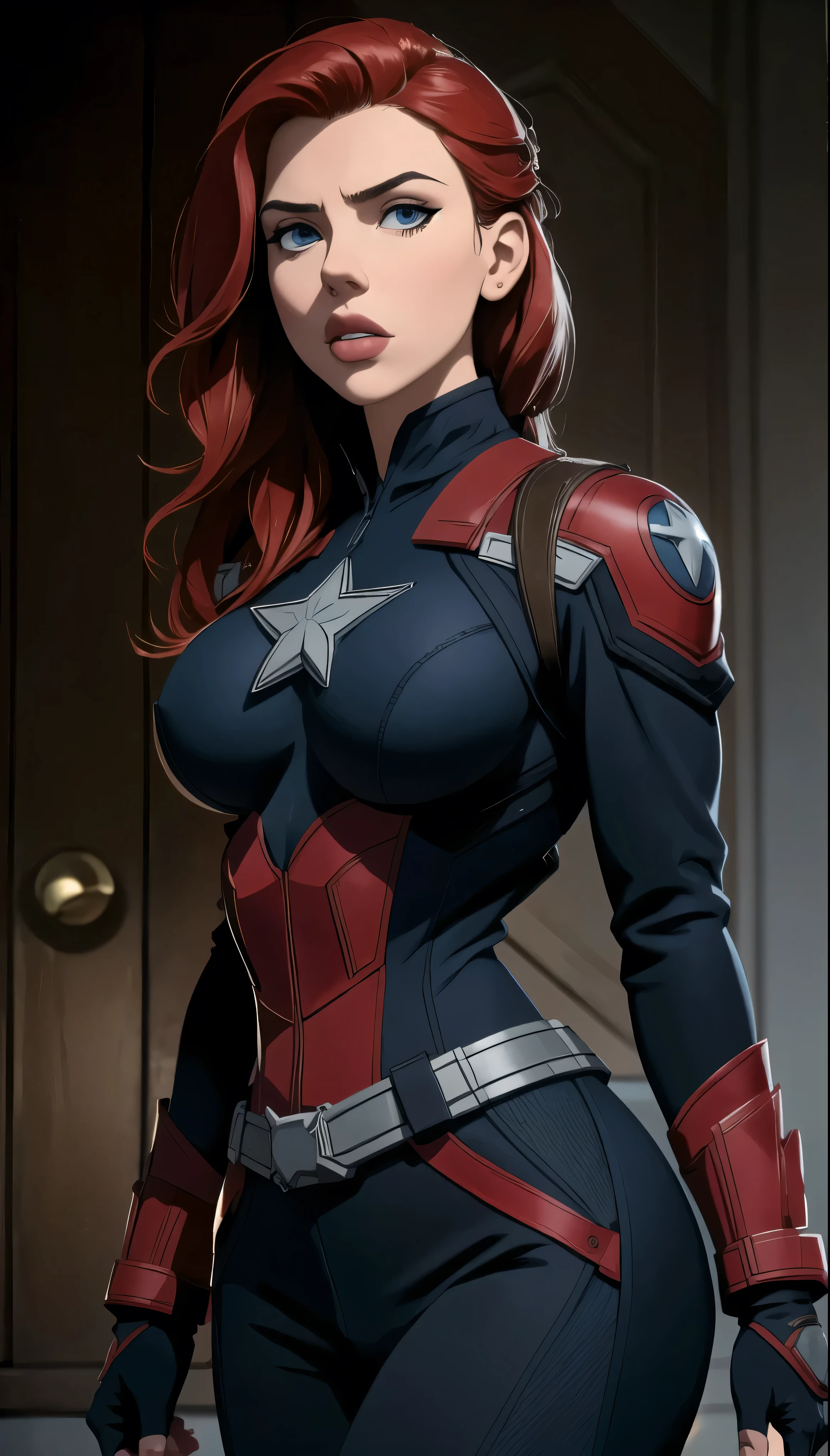 (masterpiece), (best quality), (photorealistic:1.3), 8k, detailed skin texture, detailed cloth texture, beautiful detailed face, intricate details, ultra detailed, scarlett johansson, Black Widow in the style of the Captain America, straight red hair, (full-length body:1.2), ((((massive breasts))))