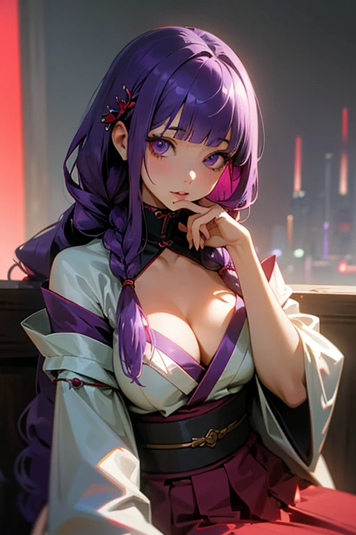 1 girl, Blunt bangs, Braiding, Wide sleeves, hair ornaments, kimono, Red belt, (Purple Hair:1.2), Very long hair, Straight hair, Looking at the audience, Highly detailed background, (Realistic:1.2), Beautiful Eyes, Red eyeshadow, Written boundary depth,thigh, (Ulzzang-6500:0.7), Upper Body, (alone:1.2), (Cyberpunk City:1.1), Cleavage, (Put your finger on your lips:1.1),Shiny skin、Sit at the bar counselor、Hair blowing in the wind、Shoulder Bare、