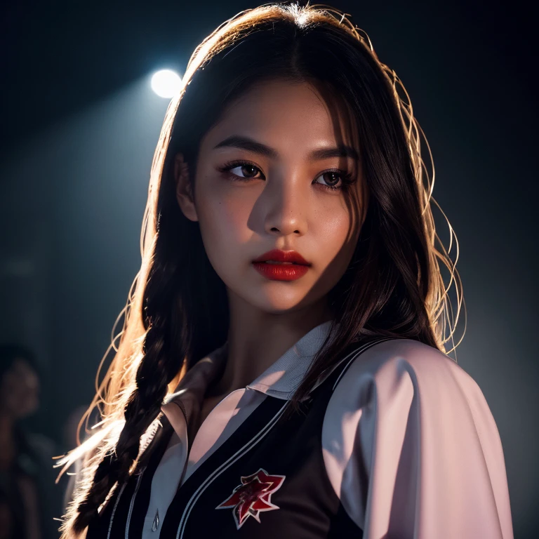 (front focus), (in the dark:1.4), Hyperrealist portrait of female wearing a purple suit, beautiful harmonious face, phoenix eyes, red lips, a tiny lipstick mole under her lip, haughty eyes, black eyes, fantasy art, photo realistic, dynamic lighting, artstation, poster, volumetric lighting, very detailed faces, 4 k, award winning, 1 girl in the dark, deep shadow, low key, cowboy shot, (official clothing:1.4), long hair, black hair gently curled at the end