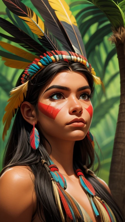 Arte em quadrinhos, pintura digital. A beautiful indigenous girl in native with feathers and feathers on her head, Amazonian indigenous peoples in Brazil, linda jovem feminina brasileira nativa, pintar o rosto, corpo quente, Yanomami Indian in typical costumes,alta qualidade. Amazon rainforest and river bottom. cores vivas, cinematic lighting. detalhado, intricado, detalhado face.