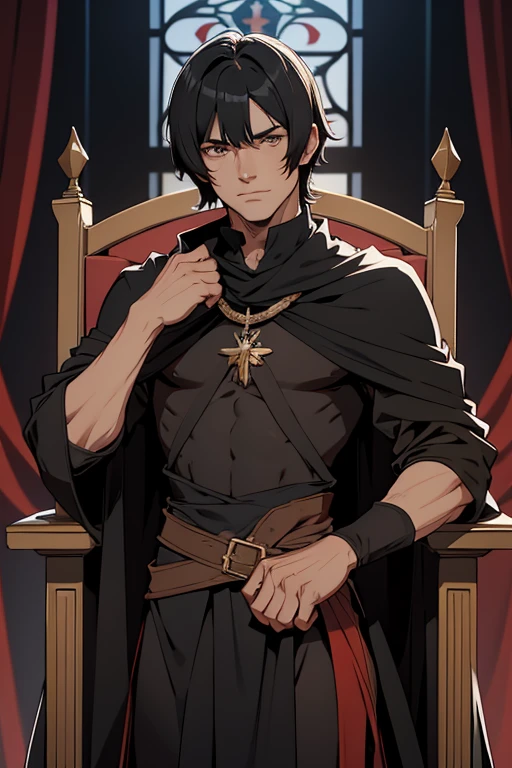 1 homem, short black messy hair with bangs, bonito, olhos vermelhos de sangue, olhos detalhados, lindo, corpo alto e magro, Condescendente, arrogante, Realeza, tyrannical ruler, vestindo preto, fantasia medieval, Almas escuras, Trono