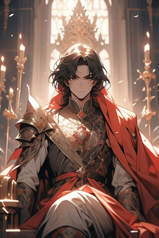 1 homem, short black messy hair with bangs, bonito, olhos vermelhos de sangue, olhos detalhados, lindo, corpo alto e magro, Condescendente, arrogante, Realeza, tyrannical ruler, vestindo preto, fantasia medieval, Almas escuras, Trono