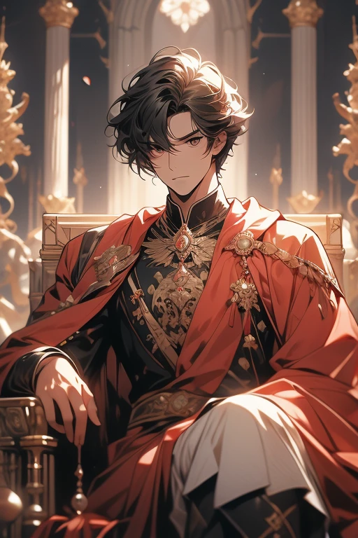1 homem, short black messy hair with bangs, bonito, olhos vermelhos de sangue, olhos detalhados, lindo, corpo alto e magro, Condescendente, arrogante, Realeza, tyrannical ruler, vestindo preto, fantasia medieval, Almas escuras, Trono