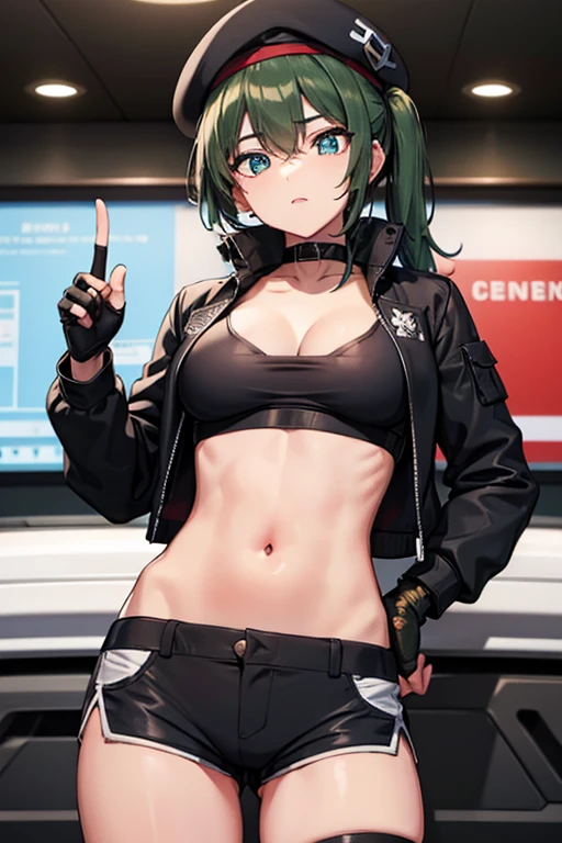 ubel,dark green hair,long hair,side ponytail,hair between eyes,bangs, BREAK (beret, black jacket, open clothes, cleavage, midriff, black shorts, black thighhighs, thigh strap, fingerless gloves, single glove:1.2) BREAK blurry background, BREAK pose, hand on hip, BREAK (masterpiece:1.2), best quality, high resolution, unity 8k wallpaper, (illustration:0.8), (beautiful detailed eyes:1.6), extremely detailed face, perfect lighting, extremely detailed CG, (perfect hands, perfect anatomy),
