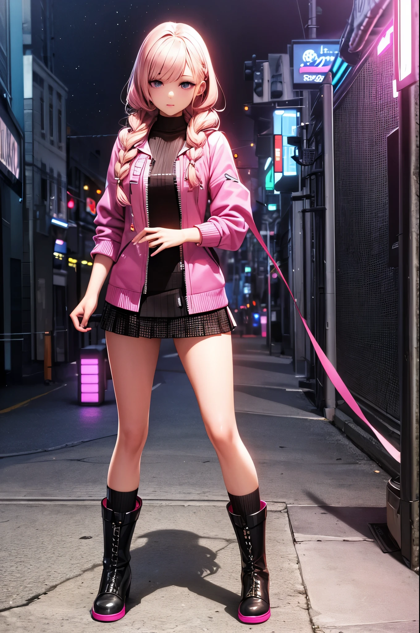High resolution, highest quality, masterpiece, Very high quality, Very detailed, Surreal, 3D, anime, An illustration, Fantasy, Hard Rock Girl, So beautiful and cute, Pink wavy hair, Side braid, mini skirt, Knee-high socks, Engineer boot, background cyberpunk city galaxy