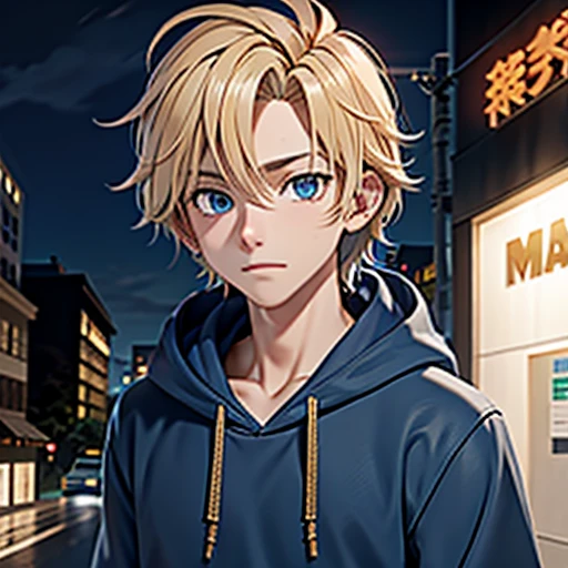 Human Male, Blonde Messy hair , wearing BLUE Hoodie ,