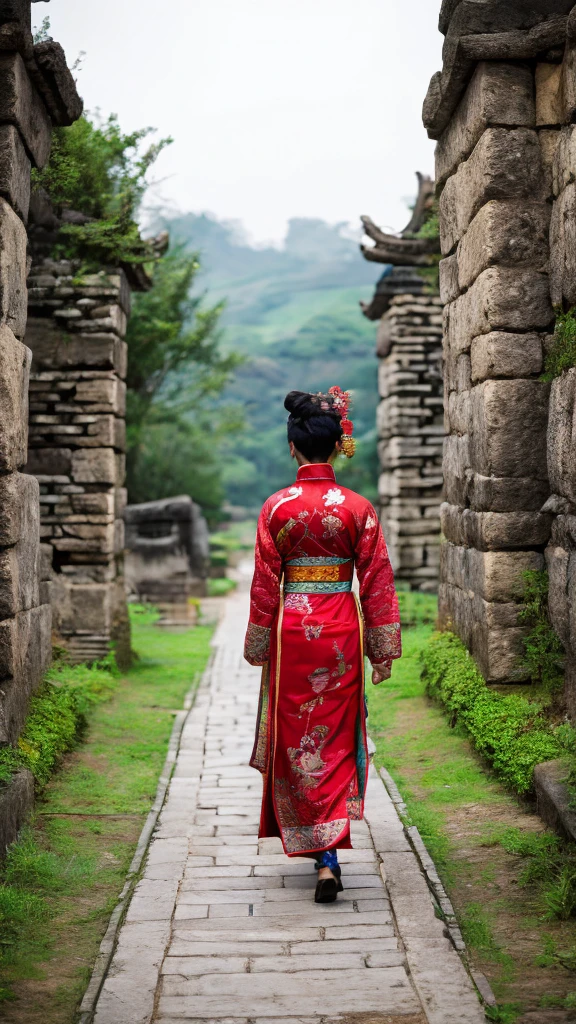 A woman wearing ancient Chinese clothing walking alone