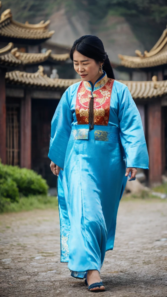 A woman wearing ancient Chinese clothing walking alone
