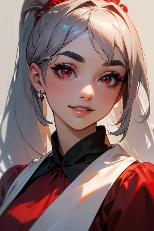 (highest quality, masterpiece:1.2), High resolution, Very detailed, Realistic:1.37, Fantasy, An illustration,Gray Hair、 Red eyes、 Queen, Red dress、Platinum decoration、beautifully、Eyeshadow Red、Thick eyebrows、Long eyelashes、pupils are black、shiny on the lips、Top site、Queen、Princess、ponytail、A kind smile、Show your teeth a little and smile、Soft look、