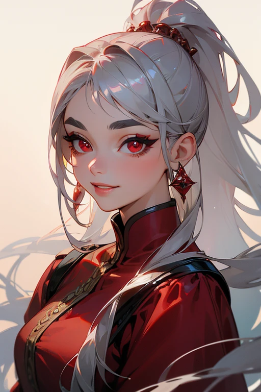 (highest quality, masterpiece:1.2), High resolution, Very detailed, Realistic:1.37, Fantasy, An illustration,Gray Hair、 Red eyes、 Queen, Red dress、Platinum decoration、beautifully、Eyeshadow Red、Thick eyebrows、Long eyelashes、pupils are black、shiny on the lips、Top site、Queen、Princess、ponytail、A kind smile、Show your teeth a little and smile、Soft look、