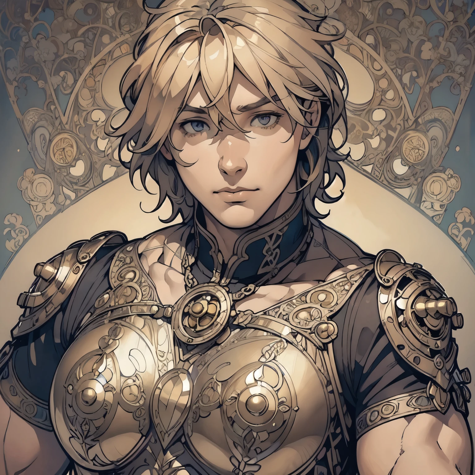 ((Detailed face)),((Mucha's style)),(portrait),((muscular male)),blond hair,short hair,Wearing steampunk armour(Medieval  male soldier),(Mucha in the background),(high position:1.8)
