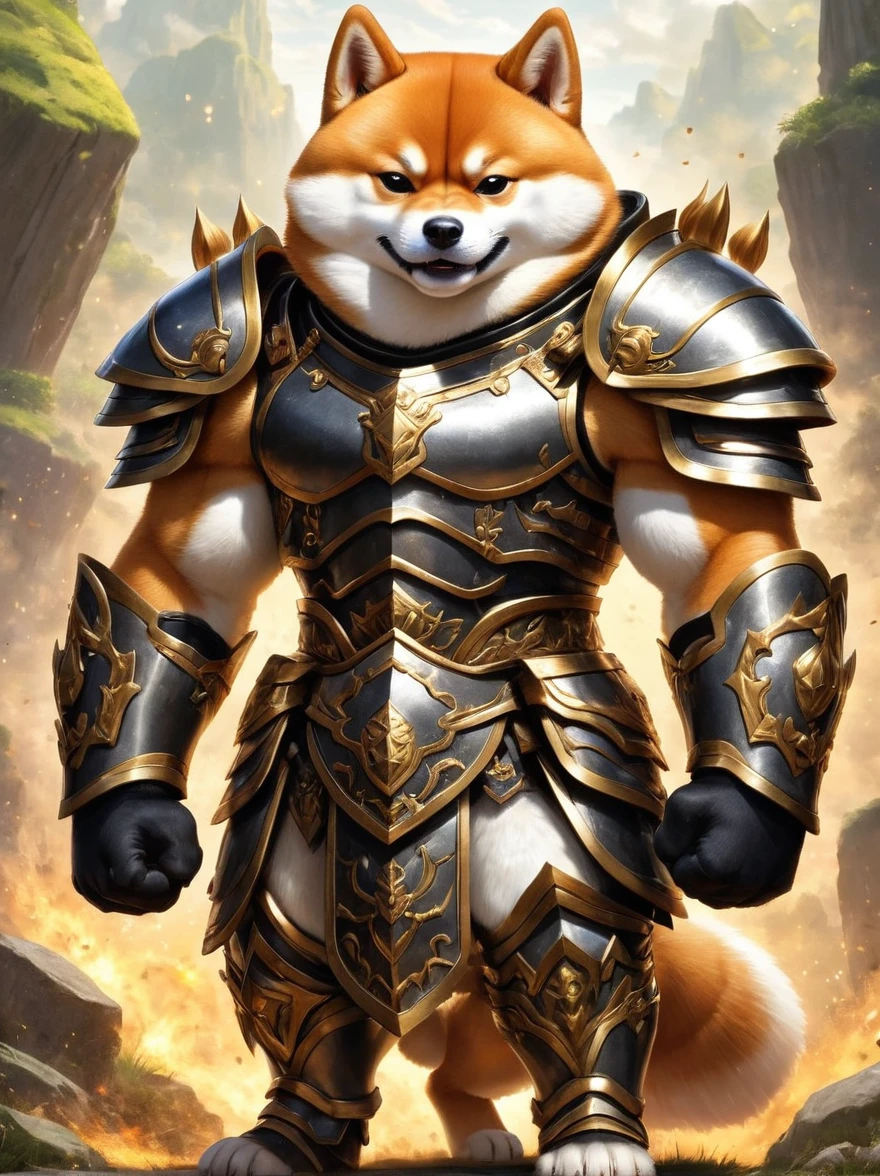 Imagine a myth, The Shiba Inu from the magical world is engaged in a fierce battle. The armor this creature wears looks like a towering, The Boulder. The surrounding environment is full of magical sparks and fantasy elements.