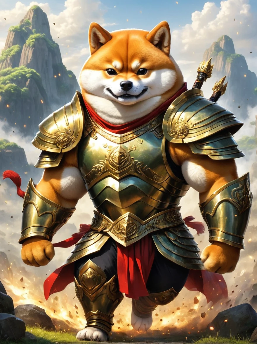 Imagine a myth, The Shiba Inu from the magical world is engaged in a fierce battle. The armor this creature wears looks like a towering, The Boulder. The surrounding environment is full of magical sparks and fantasy elements.