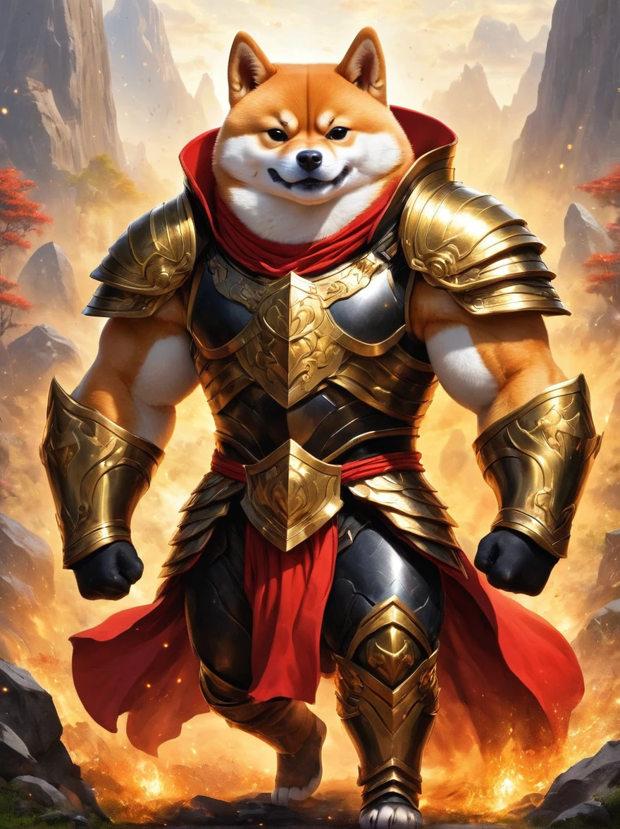 Imagine a myth, The Shiba Inu from the magical world is engaged in a fierce battle. The armor this creature wears looks like a towering, The Boulder. The surrounding environment is full of magical sparks and fantasy elements.