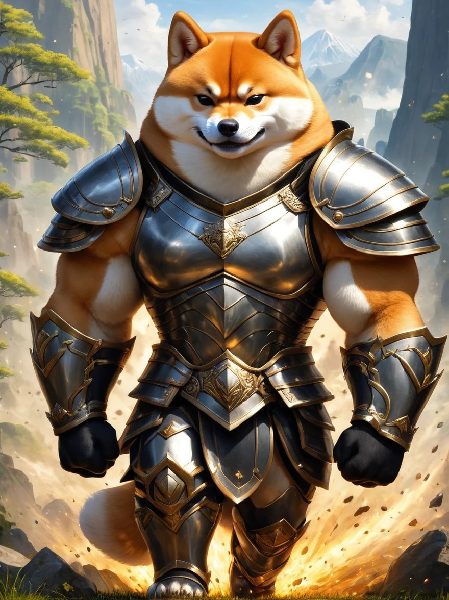 Imagine a myth, The Shiba Inu from the magical world is engaged in a fierce battle. The armor this creature wears looks like a towering, The Boulder. The surrounding environment is full of magical sparks and fantasy elements.