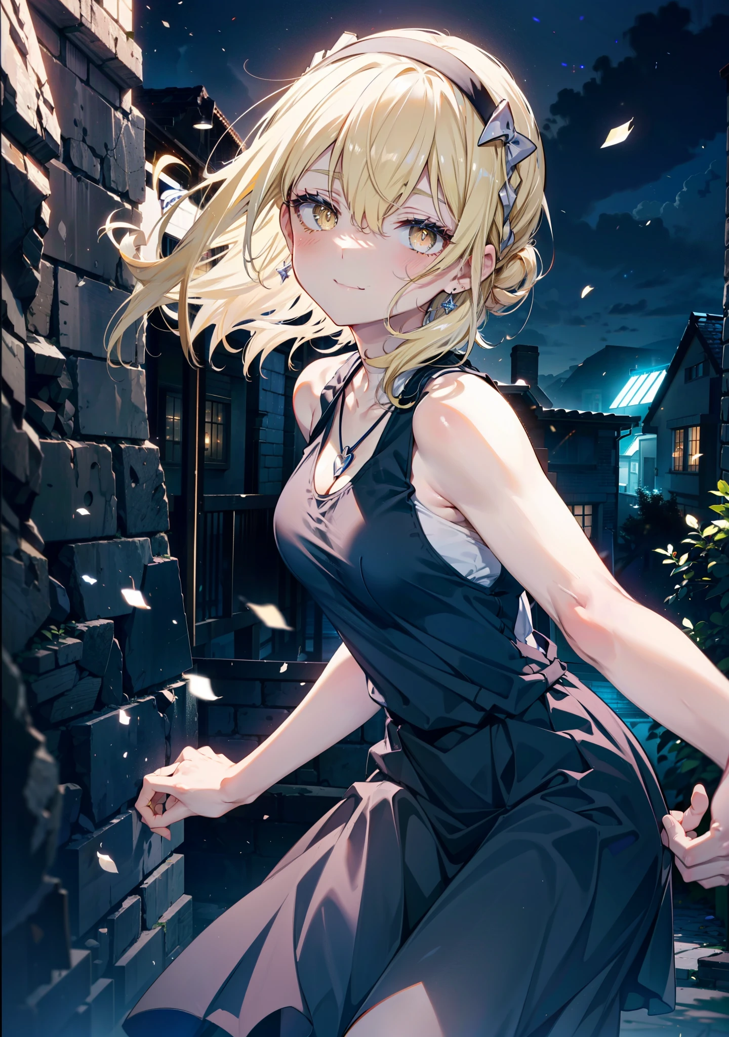 アイスWallenstein, Wallenstein, blonde, Hair between the eyes, hair band, Long Hair, (Yellow Eyes:1.5),happy smile, smile, Close your mouth,smile,blush,Long vest,Tank top shirt,Heart Pendant,Long skirt,Cute Sandals,Clear skies,歩いてるbreak looking at viewer,(Cowboy Shot:1. 5) break outdoors,Building district,In town, break (masterpiece:1.2), highest quality, High resolution, unity 8k wallpaper, (shape:0.8), (Beautiful and beautiful eyes:1.6), Highly detailed face, Perfect lighting, Highly detailed CG, (Perfect hands, Perfect Anatomy),