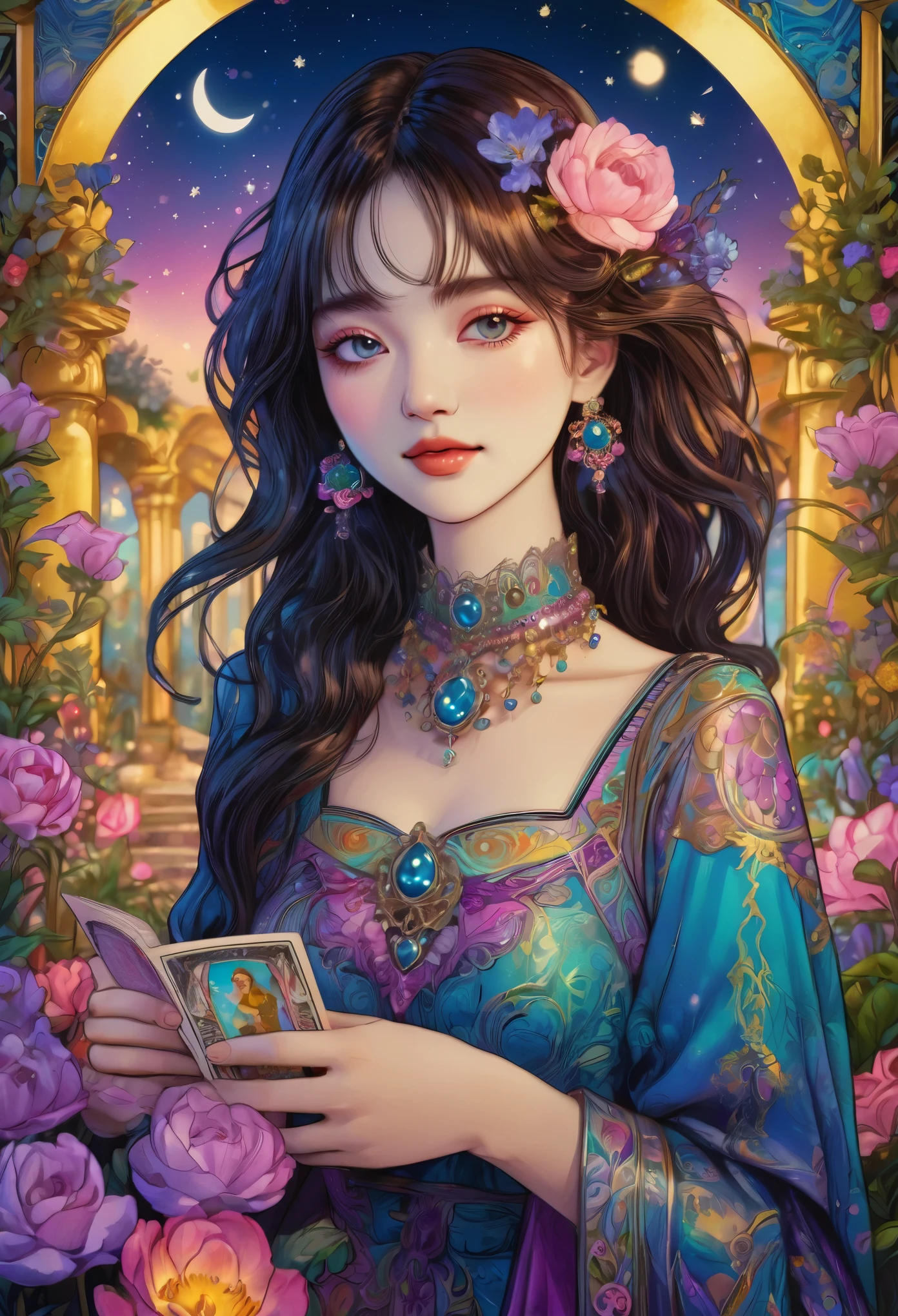 Tarot Cards, beautiful, a girl reading Tarot Cards,Smiling Girl,Beautiful fine details,Detailed lips,Tarot Cards,Ancient Tarot Decks,illustrated Tarot Cards,Vibrant colors,Mysterious atmosphere,Magic Garden,Flowers Bloom,moonlight,Night Sky,Soft glow,Artistic Oil Painting,High-resolution images,(masterpiece:1.2),Very detailed,Realistic,Bokeh