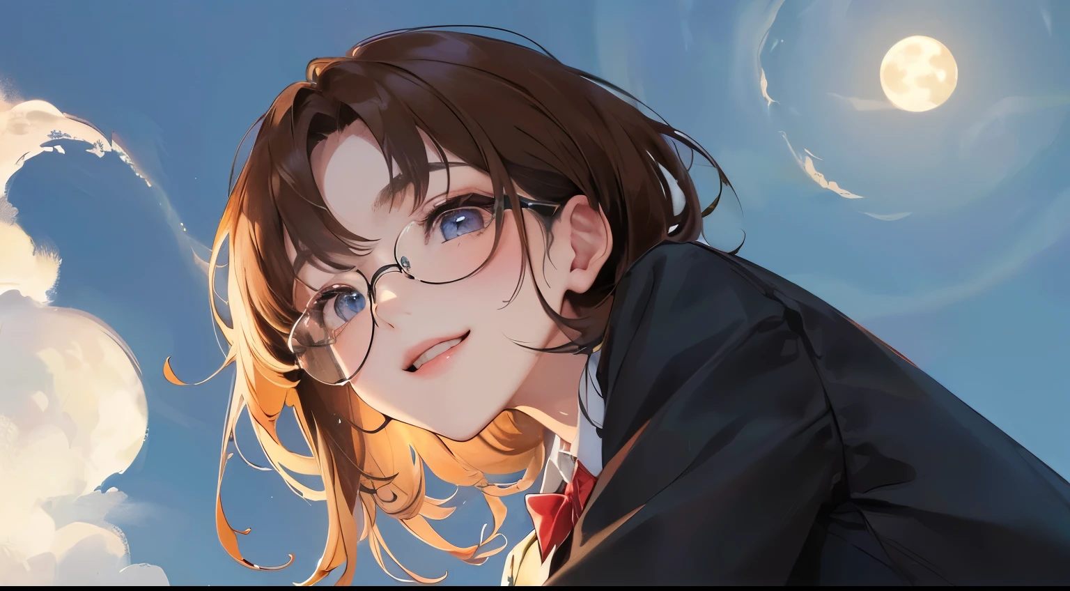(((1 personの少女)))、((1 person)),Masterpiece,best quality, ((Smile))), ,(((Night background with a moon in the distance)))、,((Shirt and suit jacket))、(Glasses)),、determined expression, Upper body diagram、 (Highest Resolution、Clear_image)、Best Quality、Light and shadow contrast、((illumination))、Very detailed、Semi-realistic、Braided hairstyle、Brown Hair、bangs、19 years old、 Lady,,young、((View from below))、Delicate Facial Features