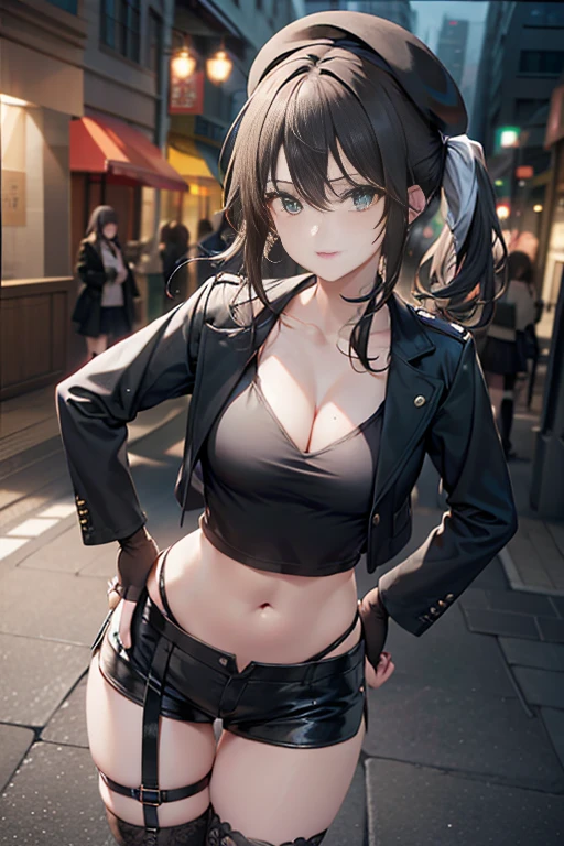 ubel,dark green hair,long hair,side ponytail,hair between eyes,bangs, BREAK (beret, black jacket, open clothes, cleavage, midriff, black shorts, black thighhighs, thigh strap, fingerless gloves, single glove:1.2) BREAK blurry background, BREAK pose, hand on hip, BREAK (masterpiece:1.2), best quality, high resolution, unity 8k wallpaper, (illustration:0.8), (beautiful detailed eyes:1.6), extremely detailed face, perfect lighting, extremely detailed CG, (perfect hands, perfect anatomy),
