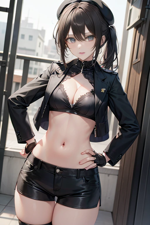 ubel,dark green hair,long hair,side ponytail,hair between eyes,bangs, BREAK (beret, black jacket, open clothes, cleavage, midriff, black shorts, black thighhighs, thigh strap, fingerless gloves, single glove:1.2) BREAK blurry background, BREAK pose, hand on hip, BREAK (masterpiece:1.2), best quality, high resolution, unity 8k wallpaper, (illustration:0.8), (beautiful detailed eyes:1.6), extremely detailed face, perfect lighting, extremely detailed CG, (perfect hands, perfect anatomy),