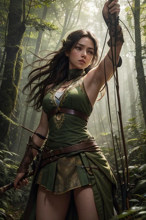 best quality,ultra-detailed,realistic:1.37,30 years old female as hunter,portraits,sharp focus,hunting armor and equipment,sunlit forest backdrop,arrow notched in bow,glistening sweat on her forehead,concentration in her eyes,determined expression,wind blowing through her hair,moss-covered trees and fallen leaves,dappled sunlight filtering through the canopy,earthen tones and muted greens,soft golden hour lighting,delicate freckles on her cheeks,strong and confident posture,ancient tattoo on her arm,enchanted bow with intricate carvings,leather quiver filled with arrows,background fog adding depth and mystery,peaceful and serene atmosphere,distant sound of chirping birds and rustling leaves,isolated clearing in the dense forest,subtle hint of danger and adventure in the air,rugged path leading into the unknown,mid-action moment capturing her pulling back the bowstring,tense muscles and focused energy,whisper of anticipation and excitement
