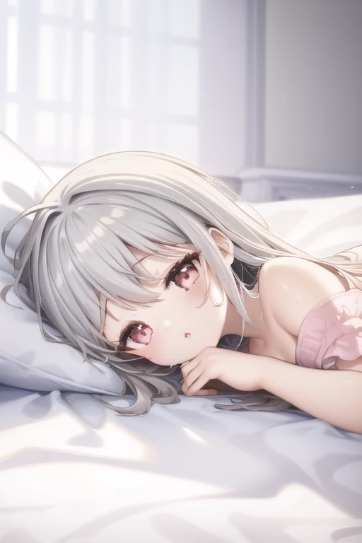 (masterpiece, highest quality),  Intricate details,
One girl, White NGNL, Gray Hair, 
indoor, Lying in bed, Bedroom, Sleep, cute, Pink income,